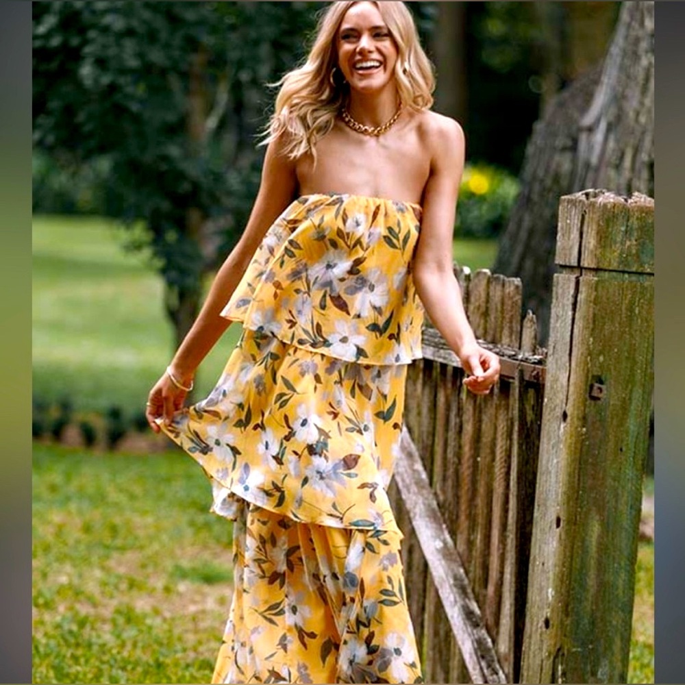 Petal & Pup Bloom Strapless Maxi Dress | Yellow Floral Tiered | Size Medium
